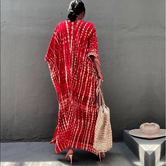 Amaranth Kimono Kaftan Dress Maxi, 5⭐️ Rated Soft Flowing Red Boho Kaftan - Picture 4 of 6